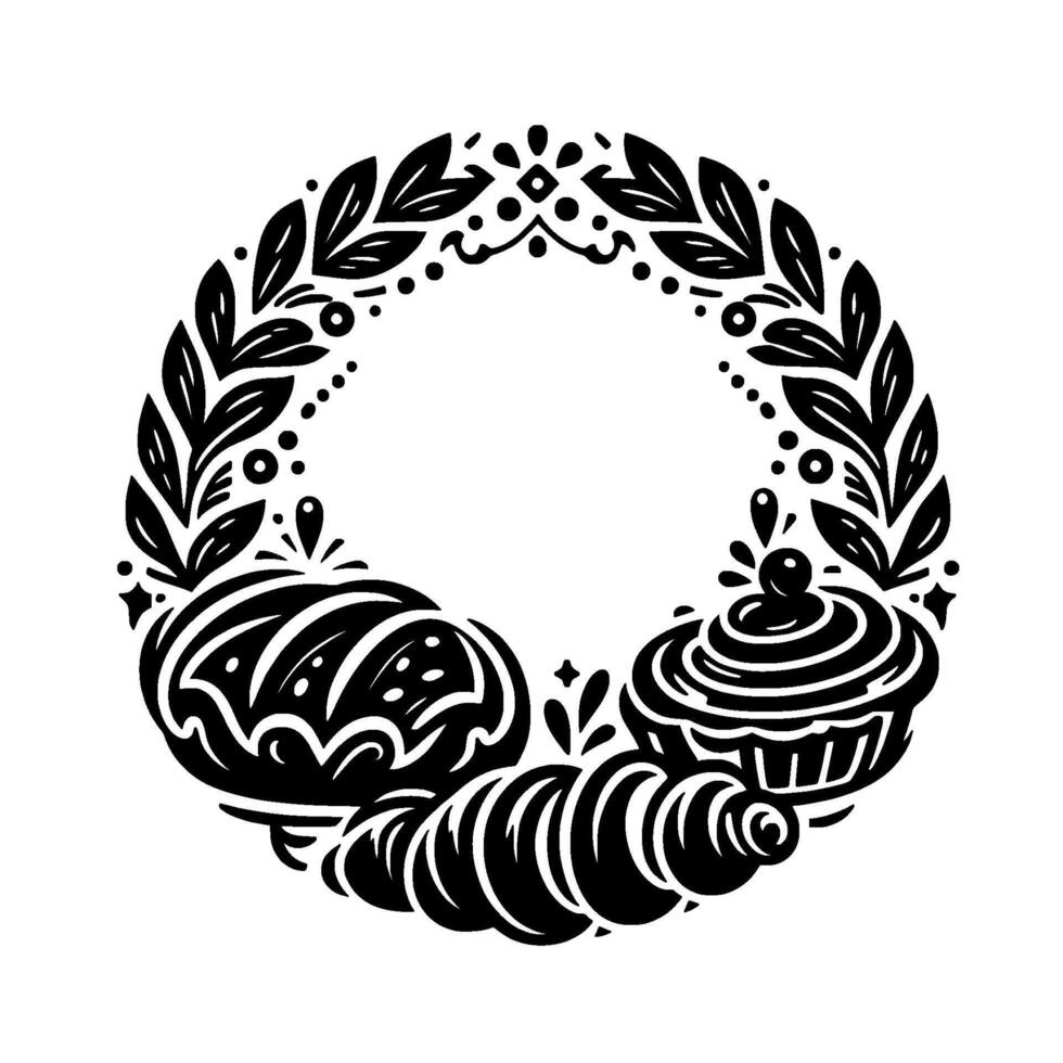 Black White Bakery Design WreathFramed Baked Goods Bread, Croissant, Cupcake, Leafy Border with Decorative Dots. vector