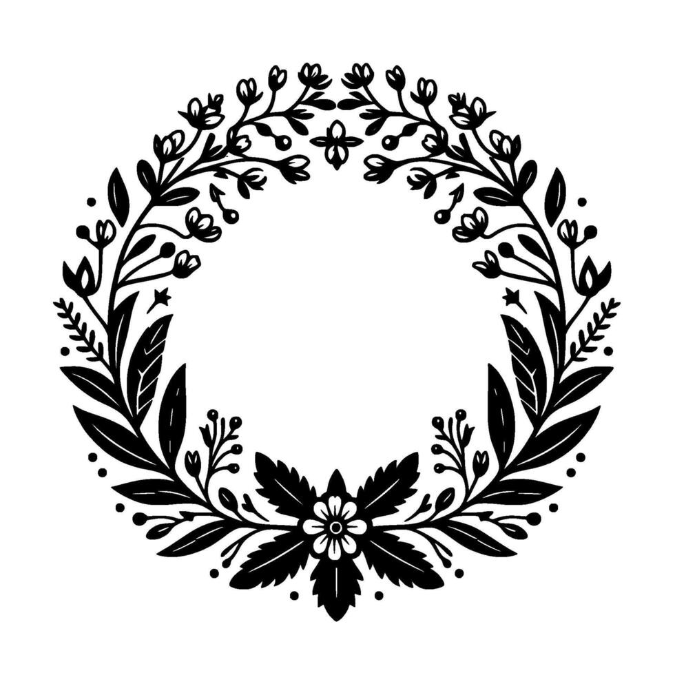 Elegant Black and White Floral Wreath, Circular with Detailed Botanical Elements, Isolated on White Background. vector