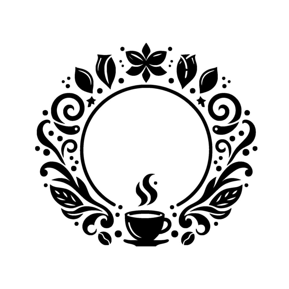 Black and white coffeethemed decorative circular frame with leaves, flowers, coffee cup, steam, and coffee beans, offering a clean, elegant design. vector
