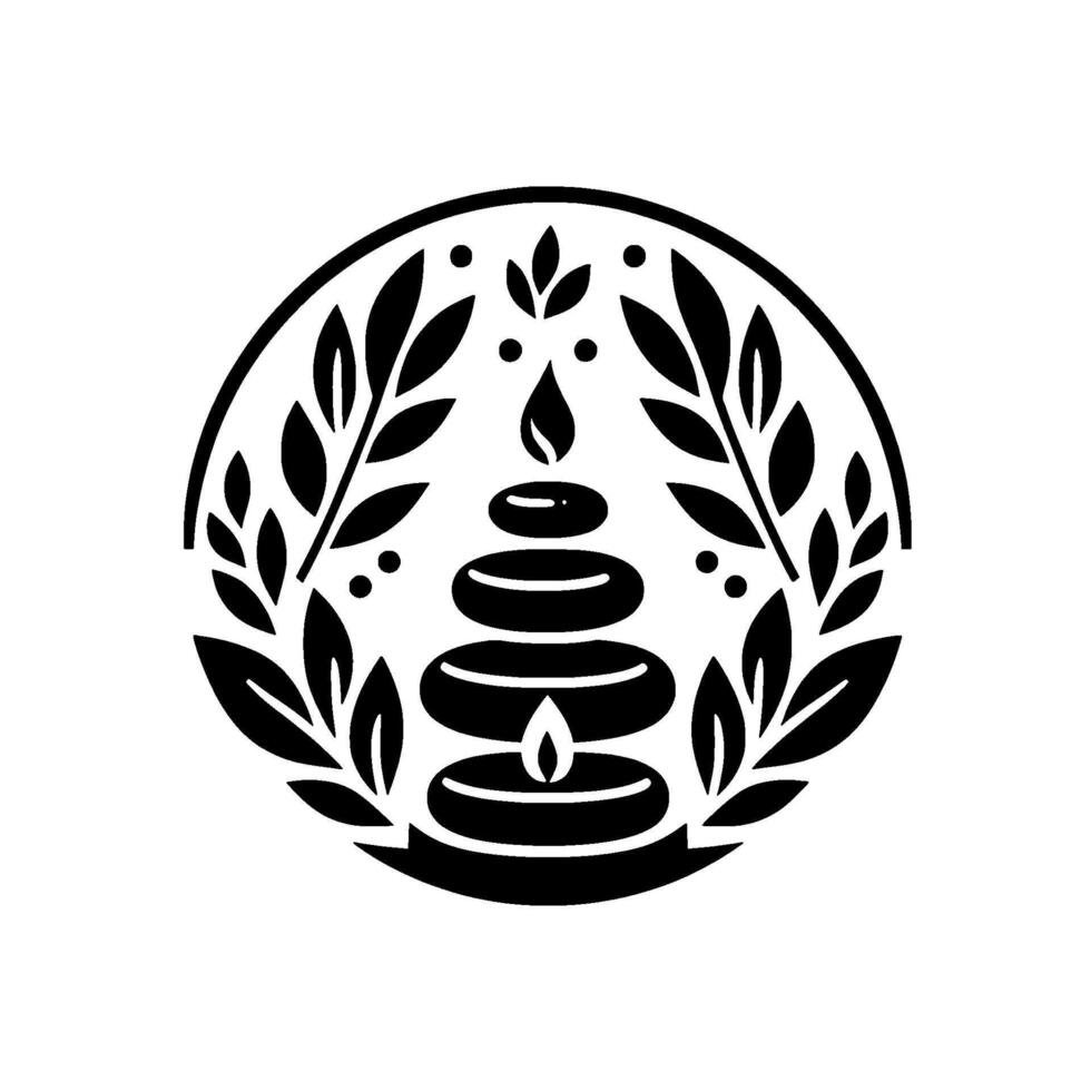 Minimalist black and white spa featuring stacked zen stones, candles, laurel wreath, and dot accents, symbol of balance. vector