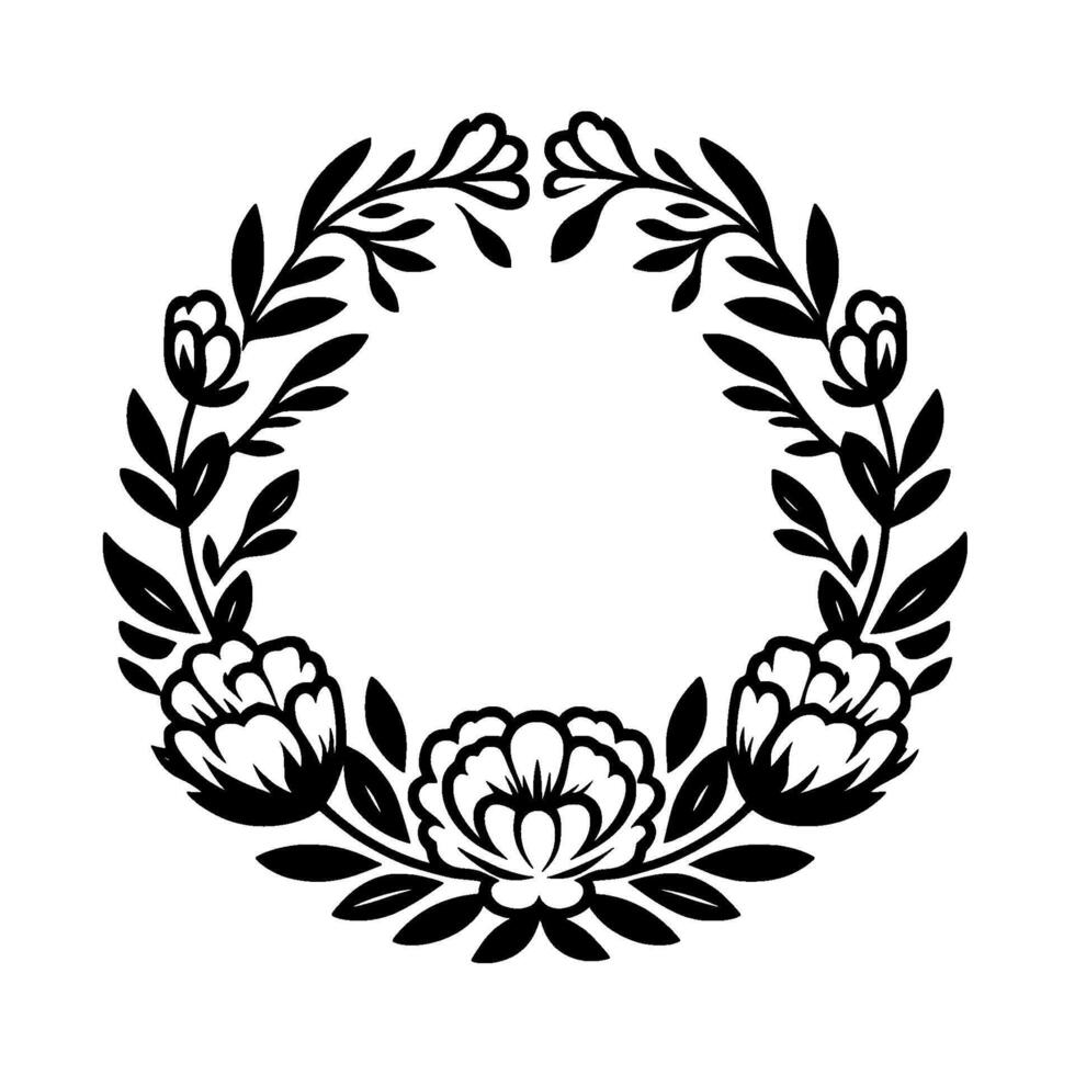 Elegant black and white floral wreath illustration, circular with detailed flower and leaf elements on a white backdrop. vector