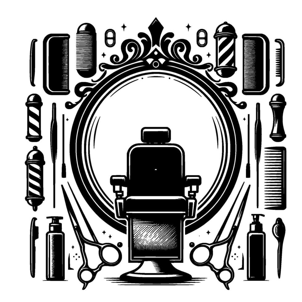 Illustration of a Barber Shop Setup Chair, Mirror, and Tools in a Symmetrical, Black and White Design. vector