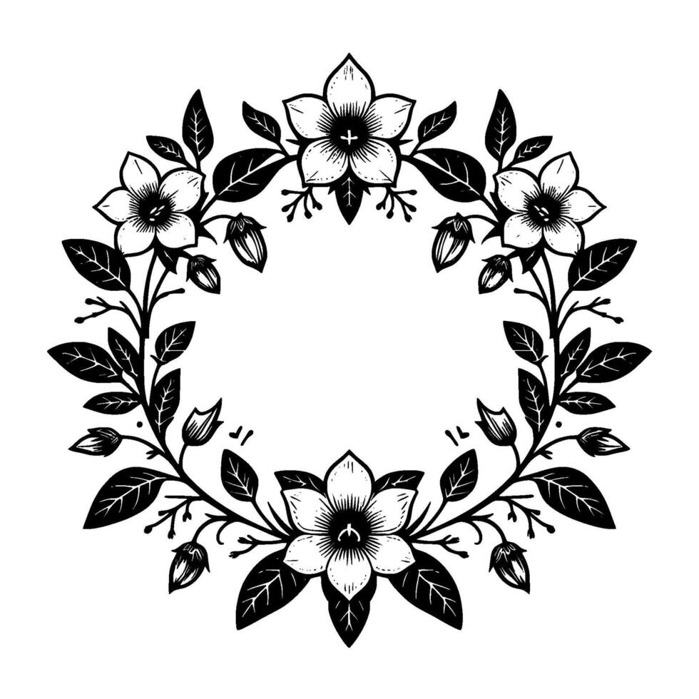 Elegant Black and White Floral Wreath Illustration, Detailed Blooming Flowers and Foliage, Decorative Border. vector