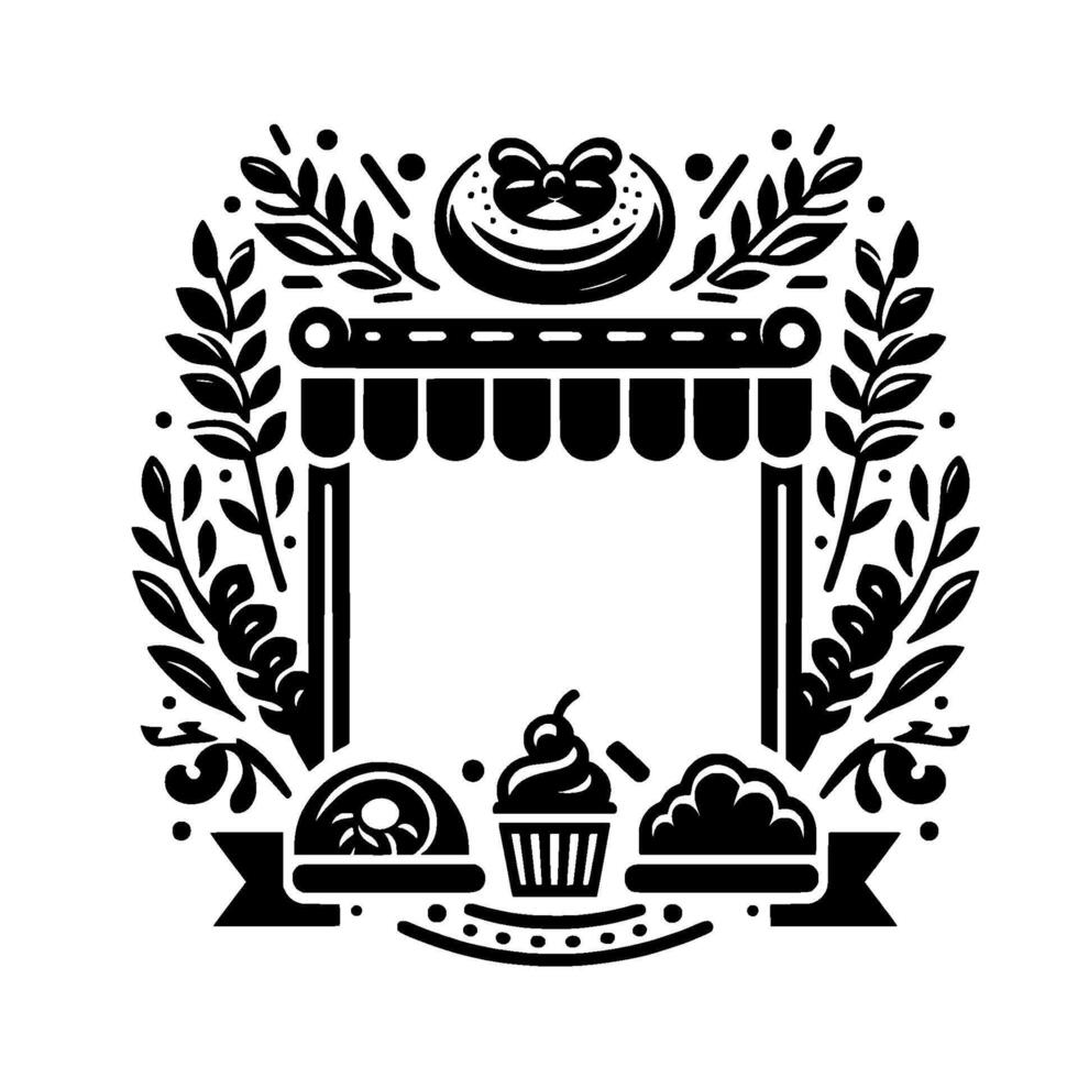 Decorative black and white bakery frame with sweets, foliage, and a canopy for a vintage or rustic design. vector