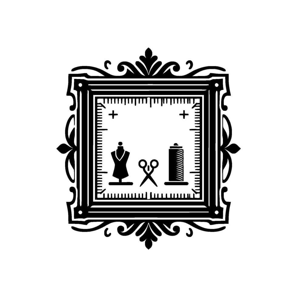 Ornate Black and White Tailors Emblem Dress Form, Scissors, and Thread Spool within a Framed Design, Perfect for a or Branding. vector