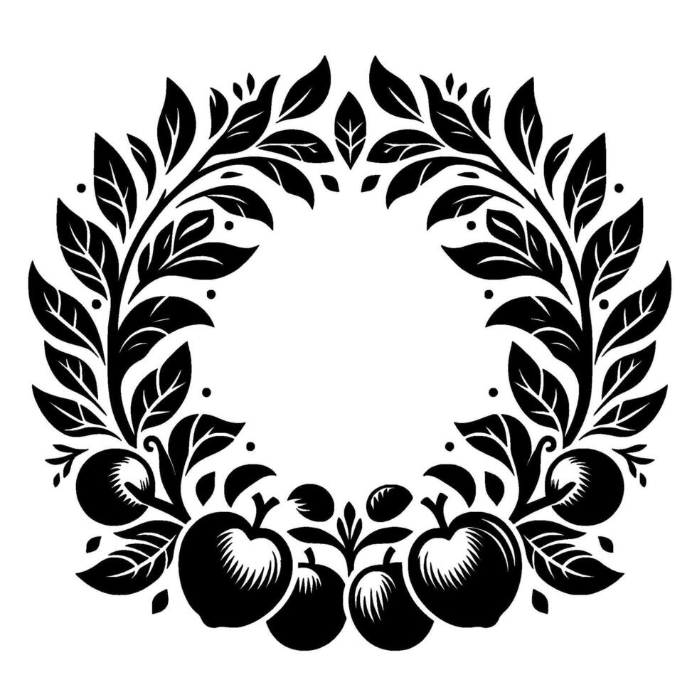 A stylized black and white illustration of a circular wreath made of leaves and apples on a clean white background. vector