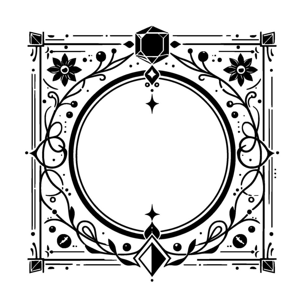 Ornate Black and White Circular Frame with Geometric Accents, Floral Elements, and Intricate Details. vector