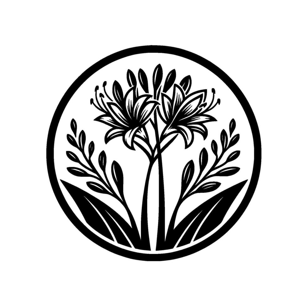 Elegant black and white floral emblem featuring two lilies, surrounded by leaves, contained within a circular border. vector