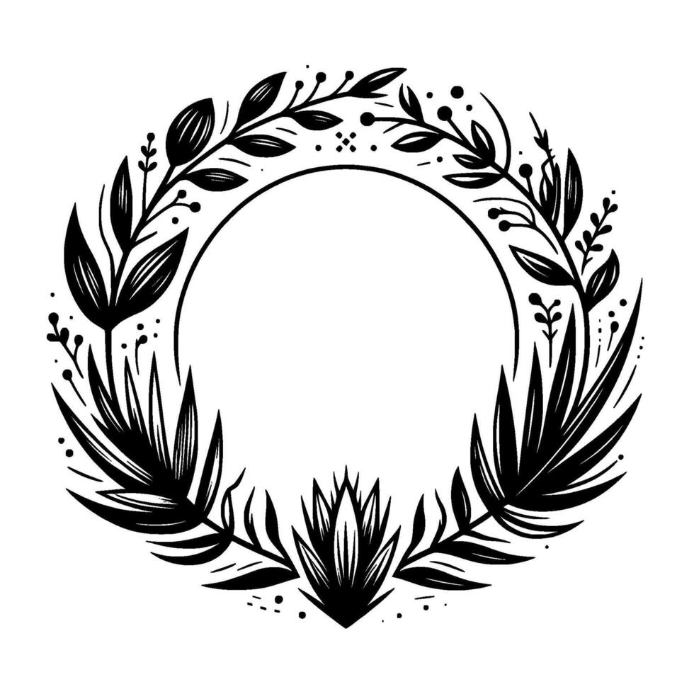 Elegant Black White Circular Floral Wreath with Leaves, Foliage, and Berries, Empty Center, Isolated. vector