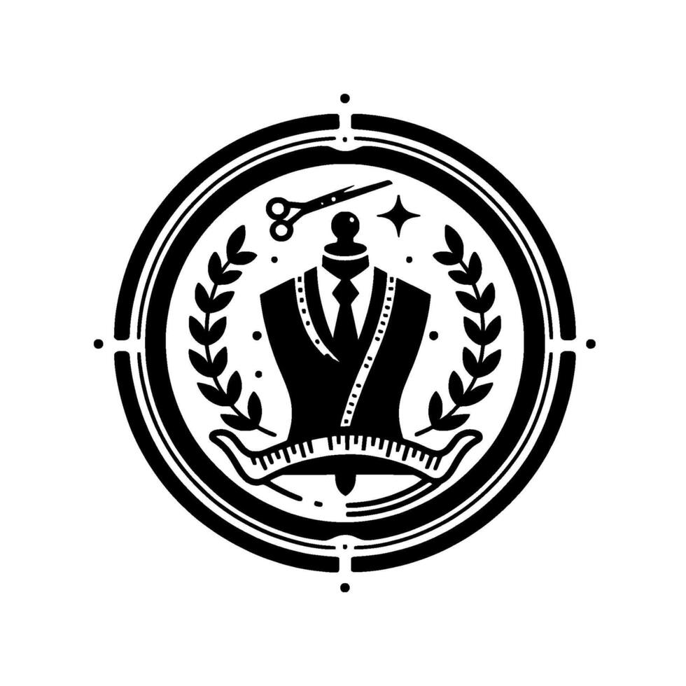 Elegant Black and White Tailor Shop with Mannequin, Scissors, Laurel Wreath, and Measuring Tape. vector
