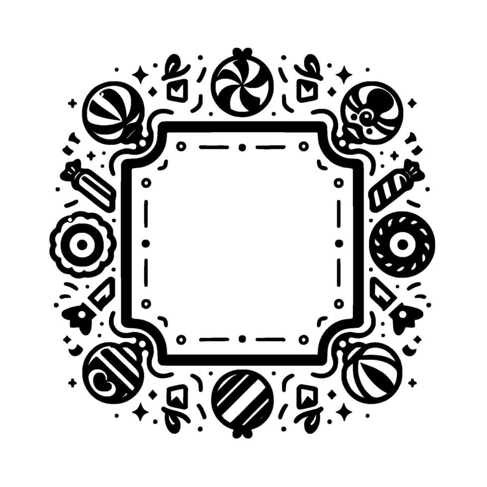 Whimsical Black and White Candy Frame Illustration, Featuring Candies, Lollipops, Sweets, and Decorations Circling an Empty Square. vector