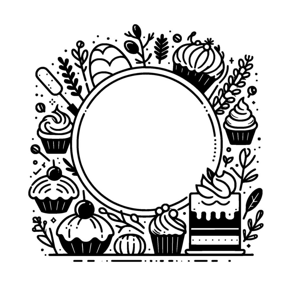 Black and white illustration of a circular frame with assorted baked goods cupcakes, cake and foliage embellishments, perfect for bakery logos or invites. vector