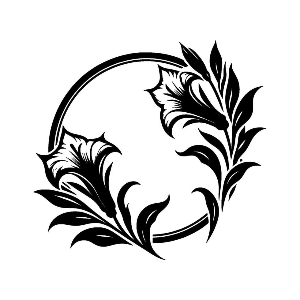 Black and White Floral Crest Two stylized trumpet flowers and leaves arranged in a circular wreath shape. vector