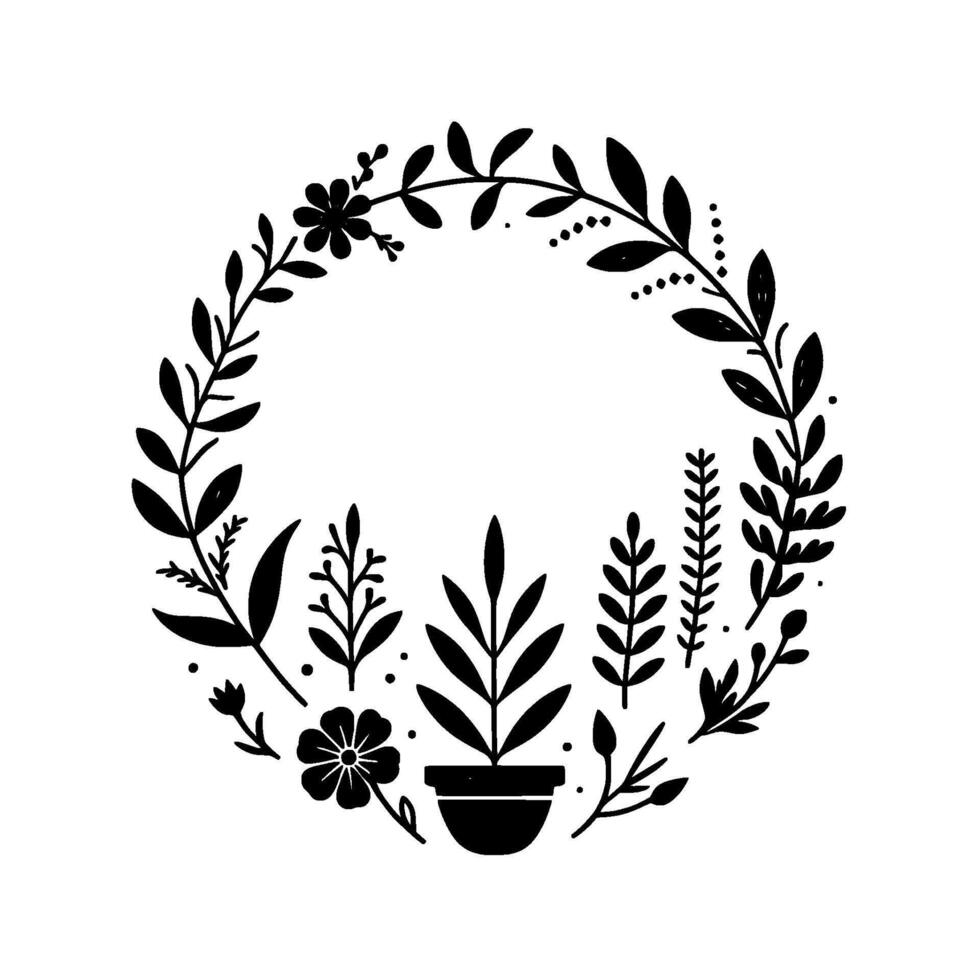 Elegant Black and White Botanical Wreath Featuring Flowers, Leaves, and a Central Potted Plant on White Background. vector