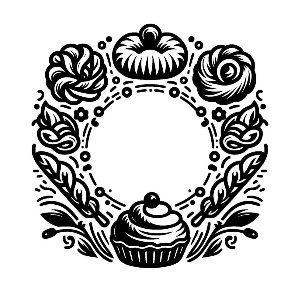 Black and white circular illustration of baked goods and foliage, forming a decorative frame around a central blank space. vector