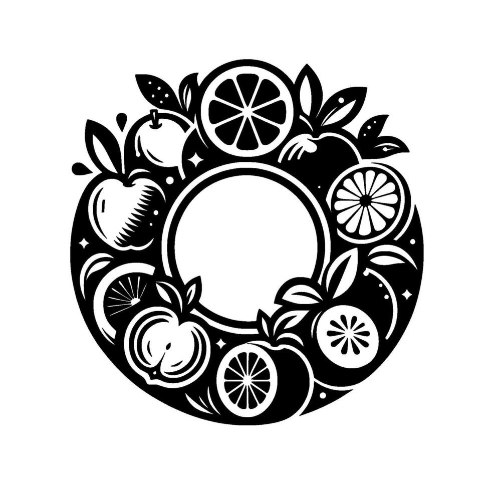 A stylized monochrome fruit wreath, featuring apples, oranges, and citrus slices encircling a central empty ring, with minimalist details. vector