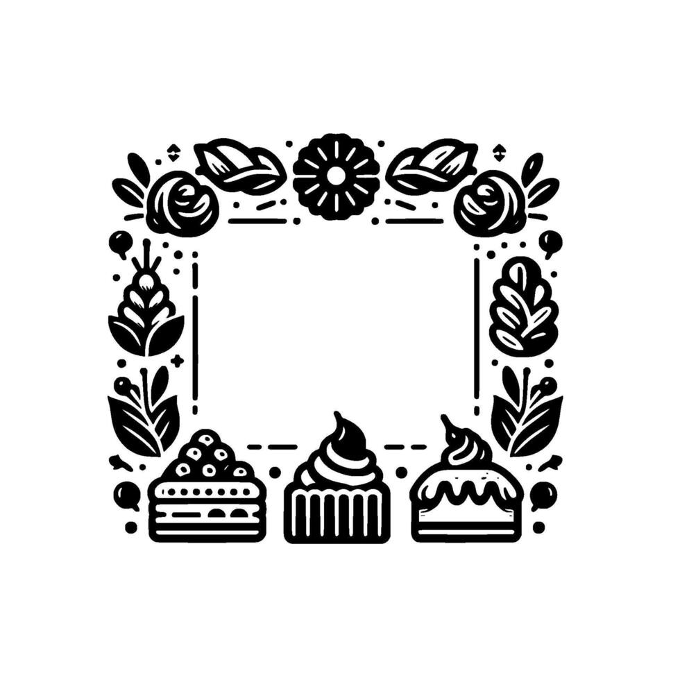 Black and white floral and bakery themed frame, adorned with stylized blossoms, leaves, and three ornate cupcakes, ideal for announcements. vector
