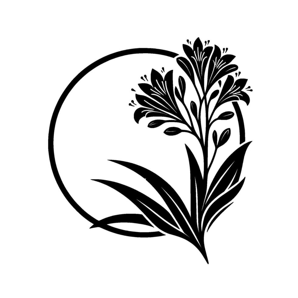 Elegant Black and White Floral Illustration Lilylike flower encompassed by a circular frame, showcasing delicate leaves and stylized petals. vector