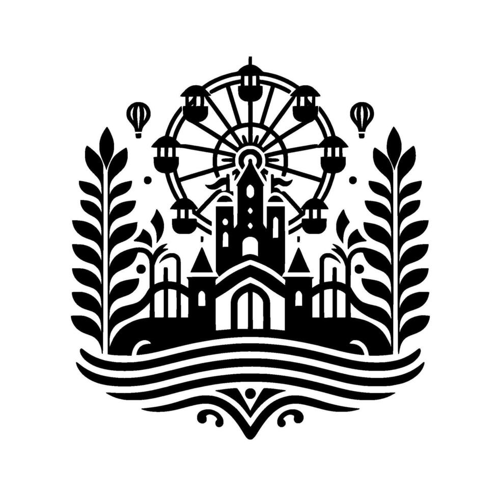 Monochrome Amusement Park Crest Ferris Wheel, Castle, Hot Air Balloons, and Floral Embellishments on White Background. vector