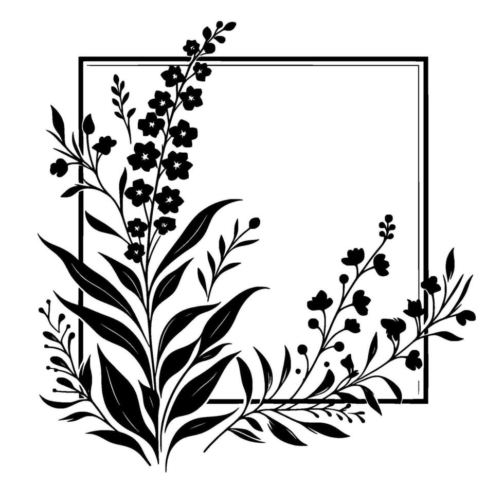 Black and white floral botanical illustration, corner frame with leaves, blooms, and stylized decorative plant elements. vector