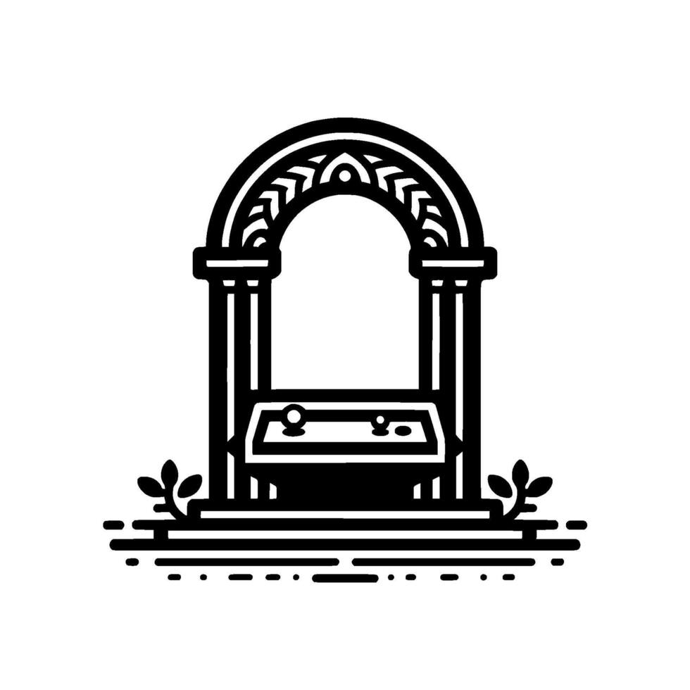 Elegant Black and White Architectural Illustration of an Archway, Table, and Foliage with Geometric Detailing. vector