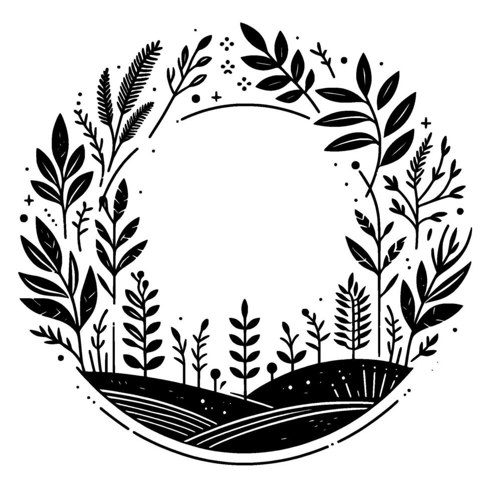 Circular botanical illustration in black and white, showcasing a stylized wreath of diverse leaves, plants, and foliage, with a serene, minimalist landscape base. vector