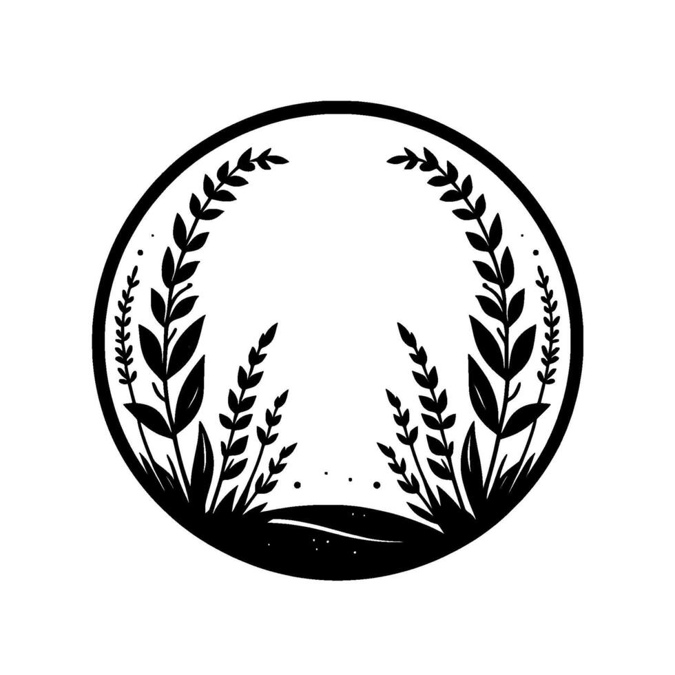 Circular Botanical Illustration Black and White Plant Silhouette Inside a Frame, Minimalistic Nature Theme with Leaf and Branch Elements. vector
