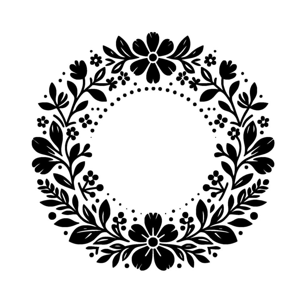 Minimalist Black and White Floral Wreath A Circular Arrangement of Flowers and Foliage for Decorative Designs. vector