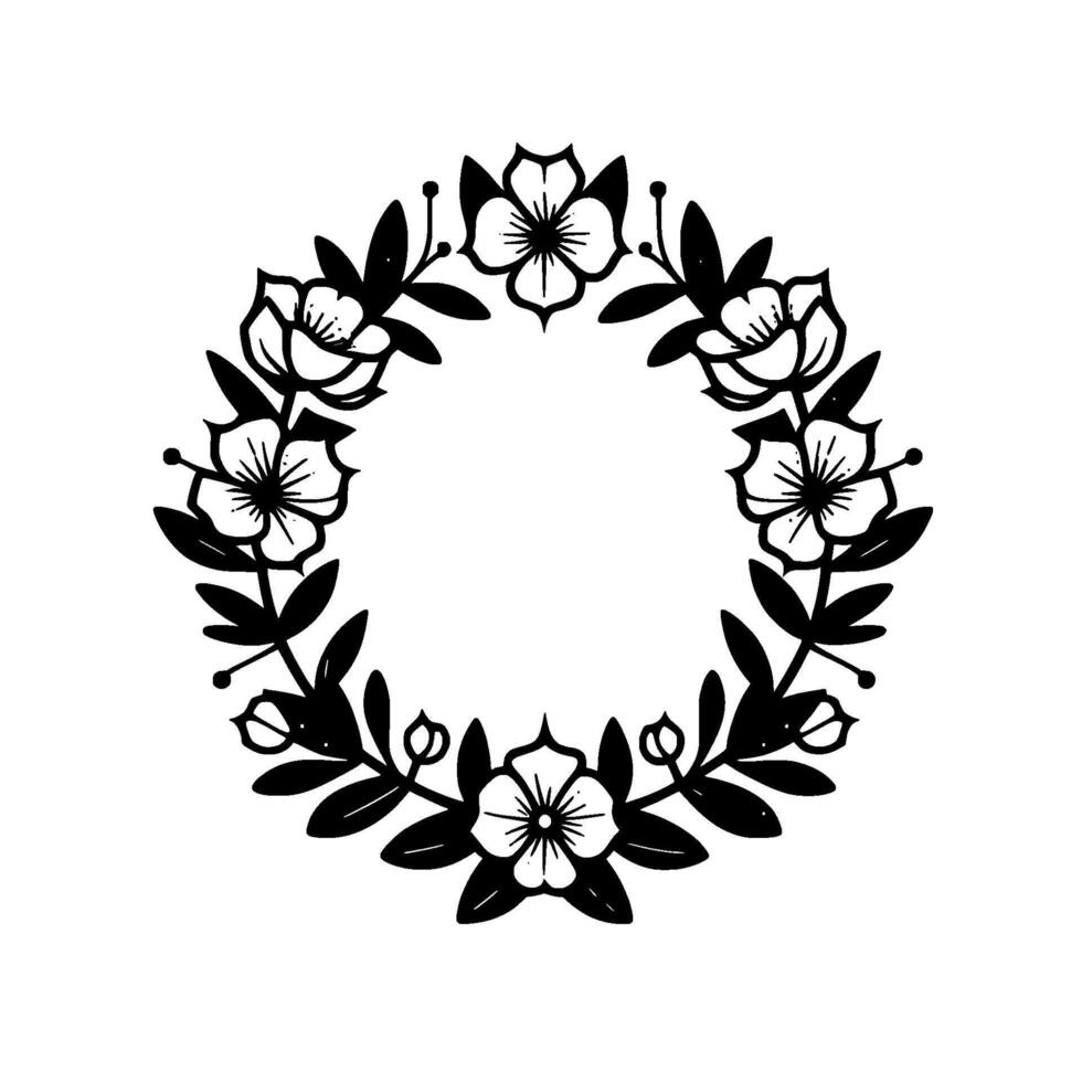 Elegant black and white botanical wreath with delicate flowers and leaves arranged in a circular composition. vector