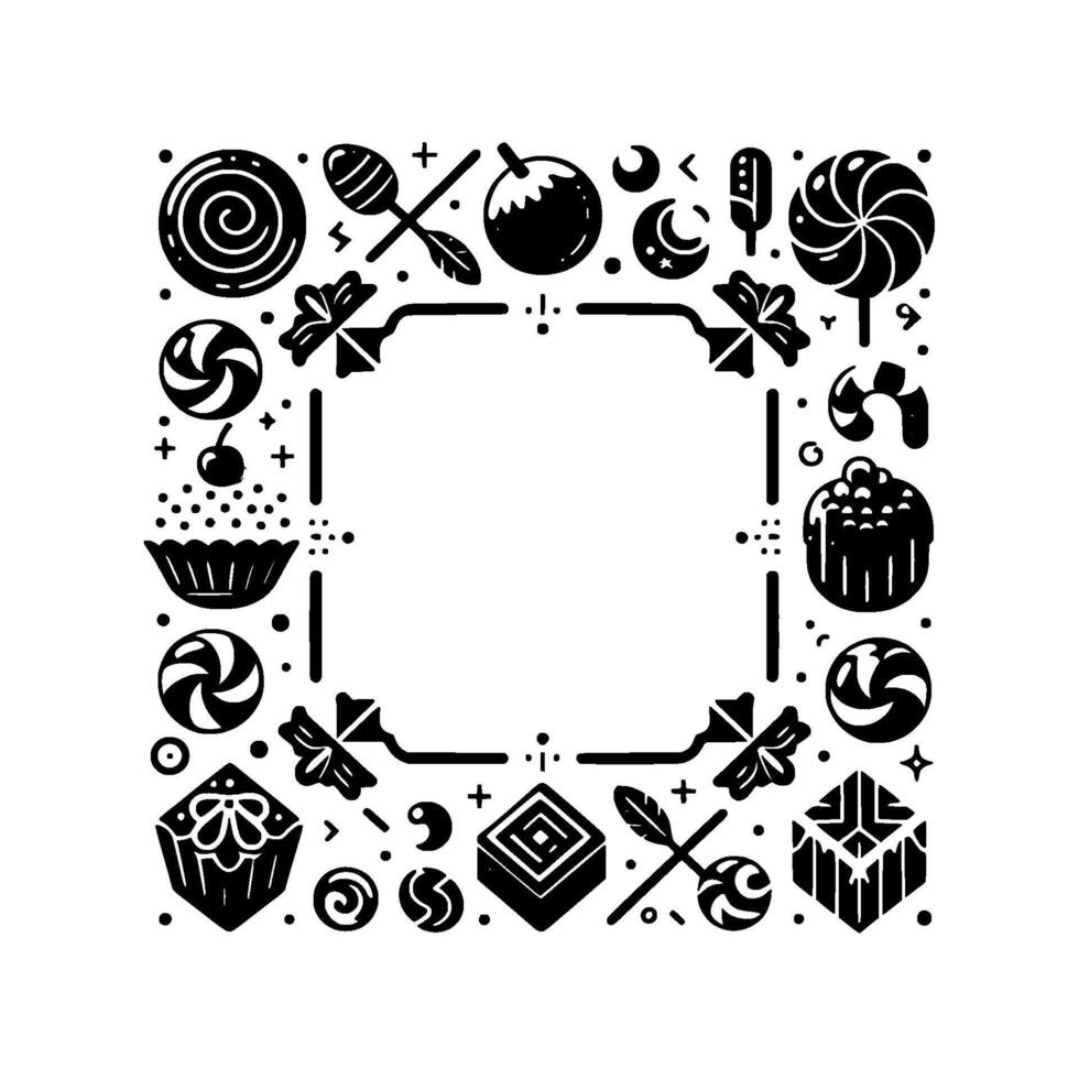 Decorative Black and White Candy Frame Swirls, Lollipops, Candies, and Sweet Treats Bordering a Central Empty Space. vector