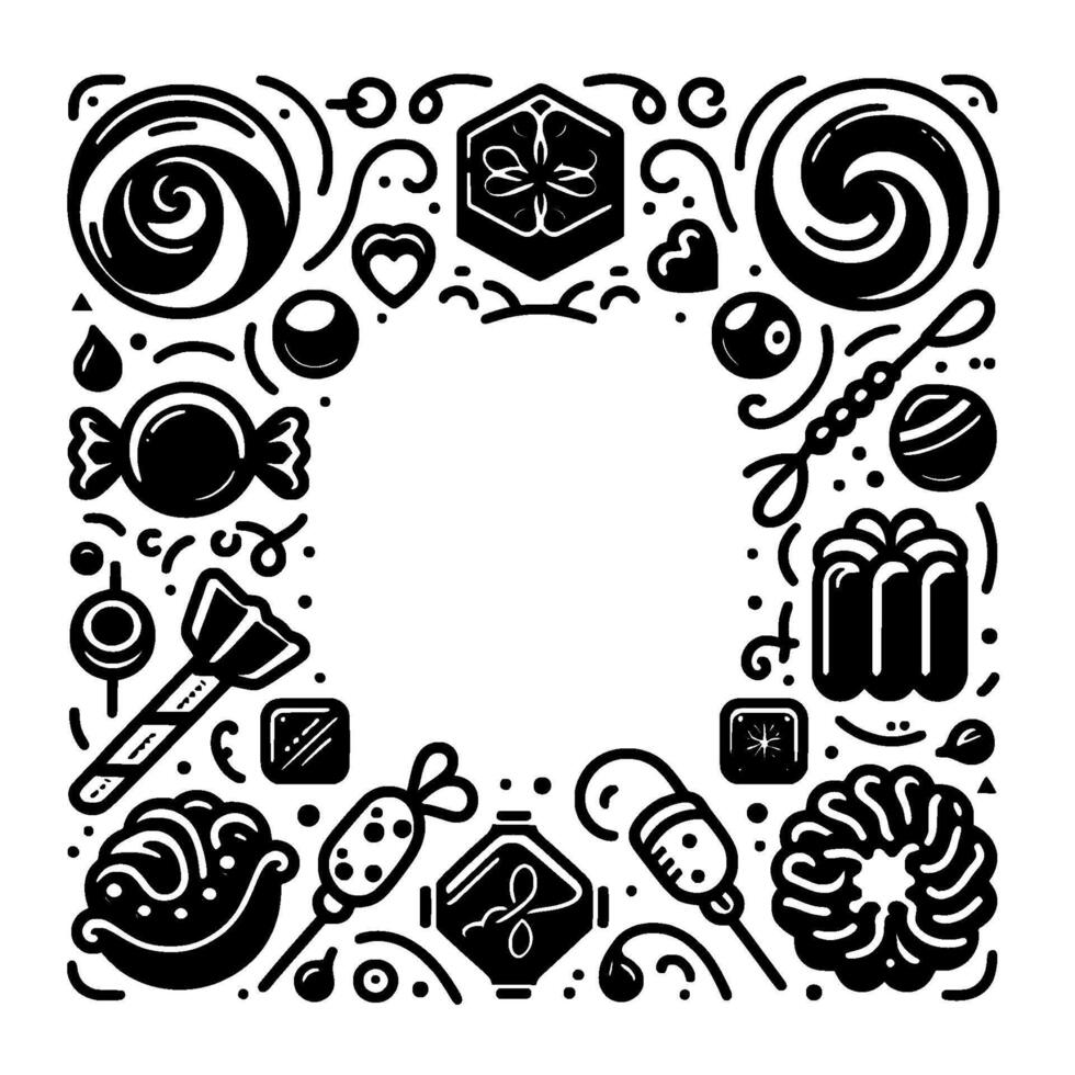 Whimsical Black and White Candy Frame A Sweet Treat Border Featuring Various Confectionery Delights with a Central Empty Space. vector