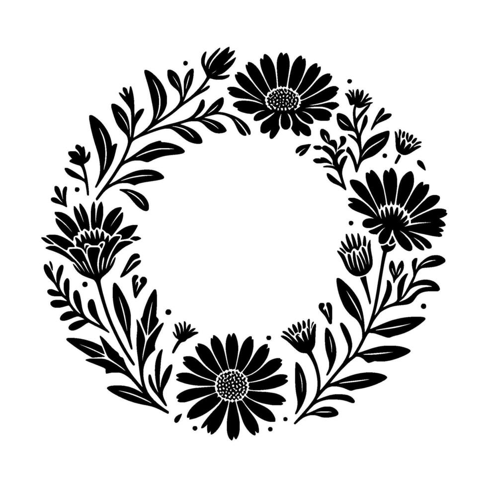 Black and White Floral Wreath, Illustration Featuring Daisylike Flowers, Leaves, and Buds in a Circular Composition vector