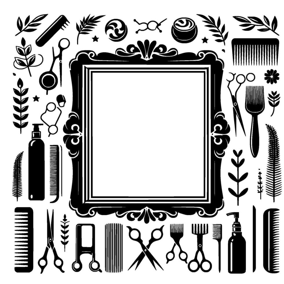 Elegant Monochrome Salon Decor A Black and White Frame with Stylized Hairdressing Tools and Botanical Embellishments. vector