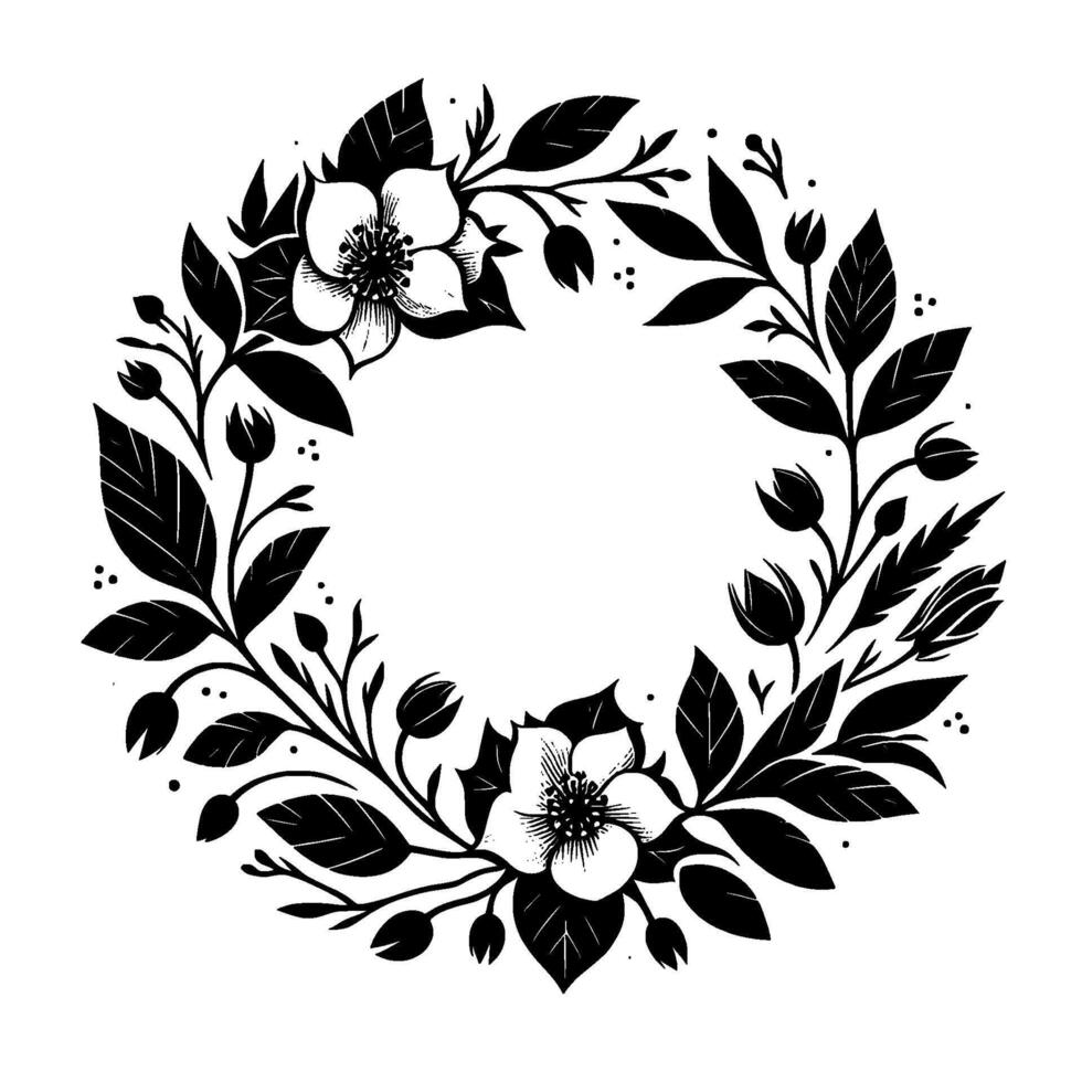 Elegant Black and White Floral Wreath with Detailed Flowers, Leaves, Buds, and Dots, Perfect for Invitations and Designs. vector