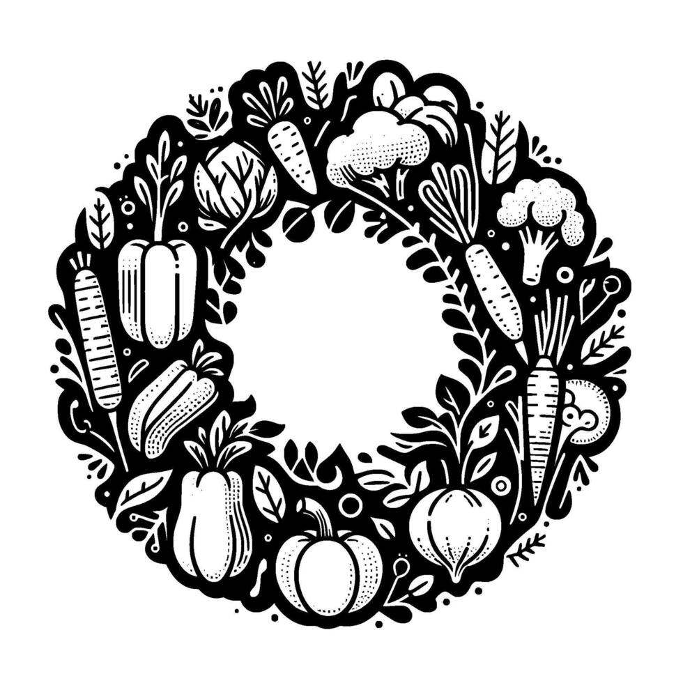 Black and White Illustration of a Circular Veggie Wreath Carrots, Peppers, Broccoli, and More, Symbolizing Fresh Harvest. vector