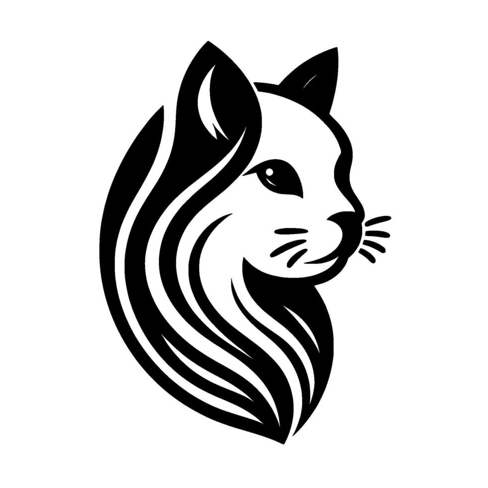 Black and white stylized cat head with flowing fur, gazing right, elegant and minimalist on white backdrop. vector