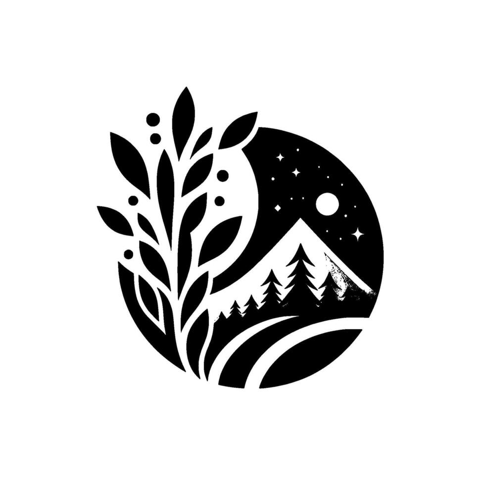 Black and White Circular Nature Illustration Mountain, Trees, Moonlit Sky, and Foliage Composition. vector