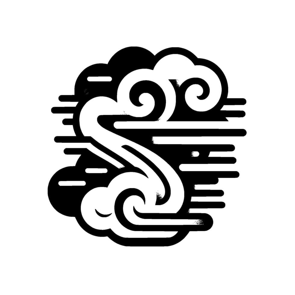 Stylized Black and White Cloud Illustration with Swirls and Horizontal Lines, a minimalist and abstract design. vector
