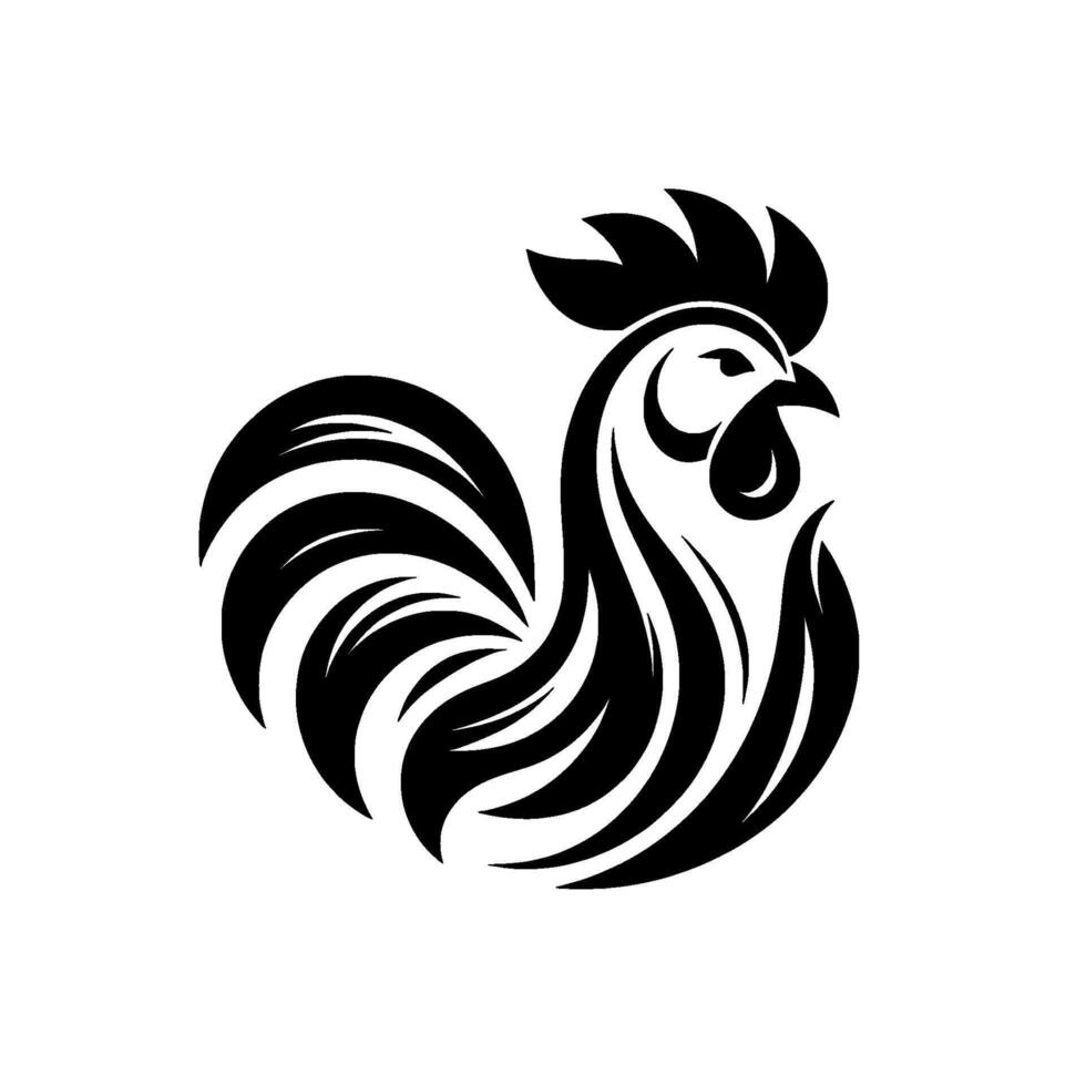 Elegant Black and White Rooster Design, Streamlined Silhouette on Pristine White Backdrop, Modern Emblem. vector