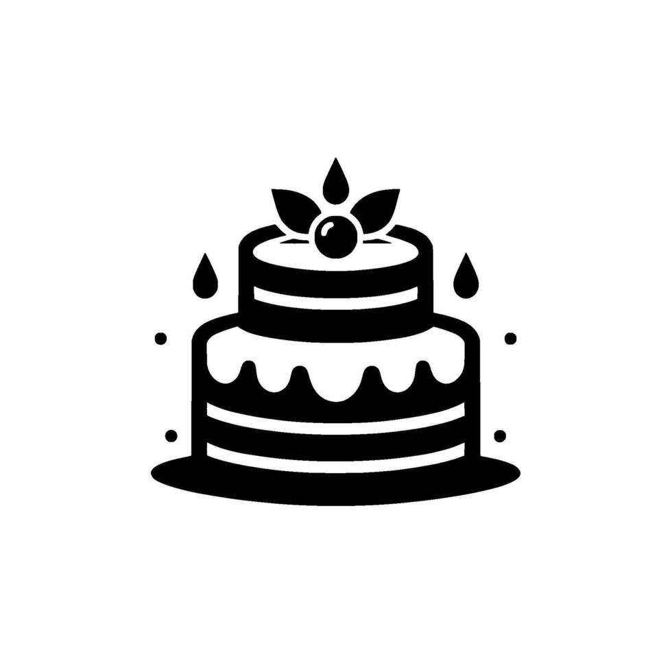 Black and White Illustration of a TwoTiered Cake with Leafy Topping, Berries, and Droplets, on a Solid Gray Background. vector