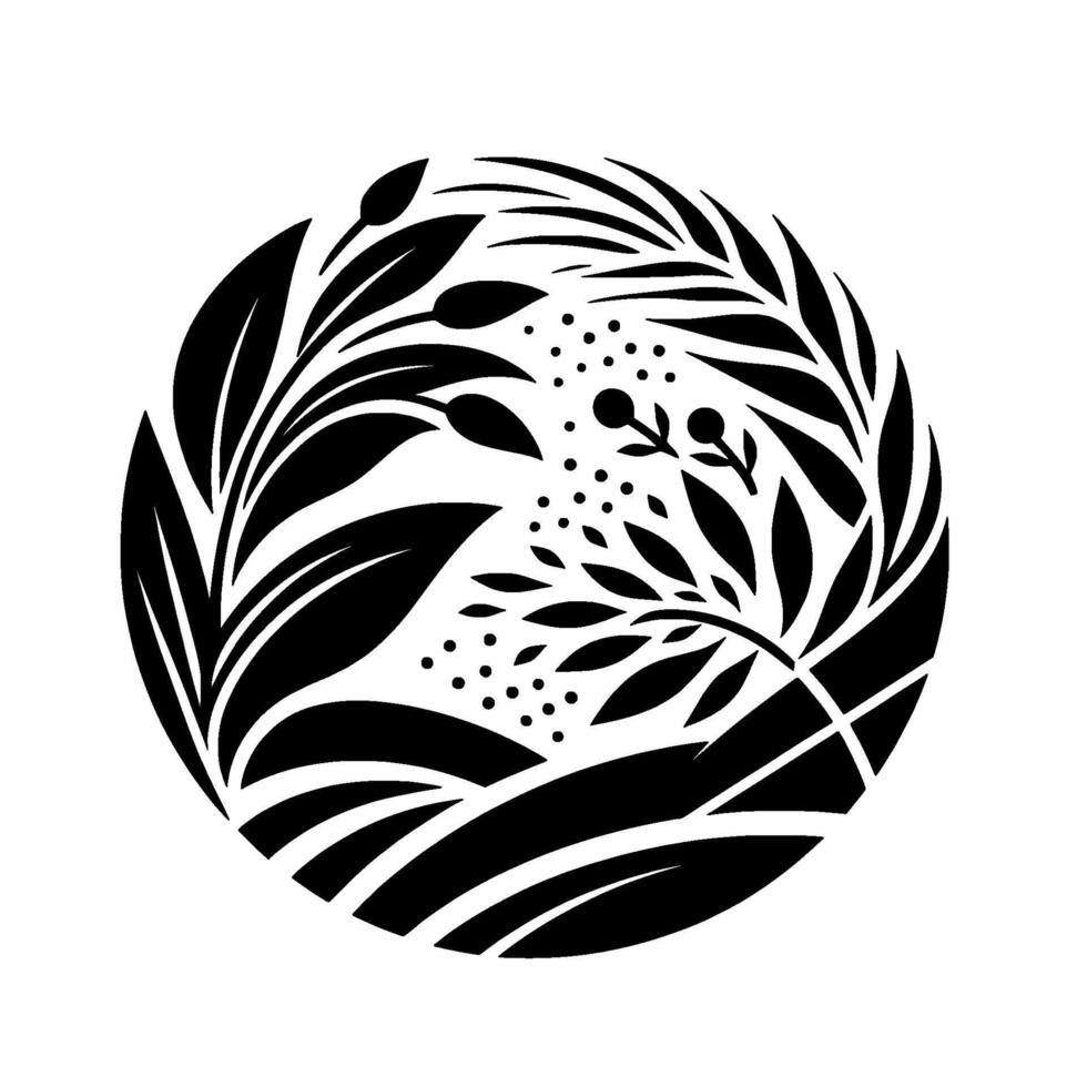 Monochromatic botanical illustration in a circular frame with leaves, berries, and intricate organic elements on a white background. vector