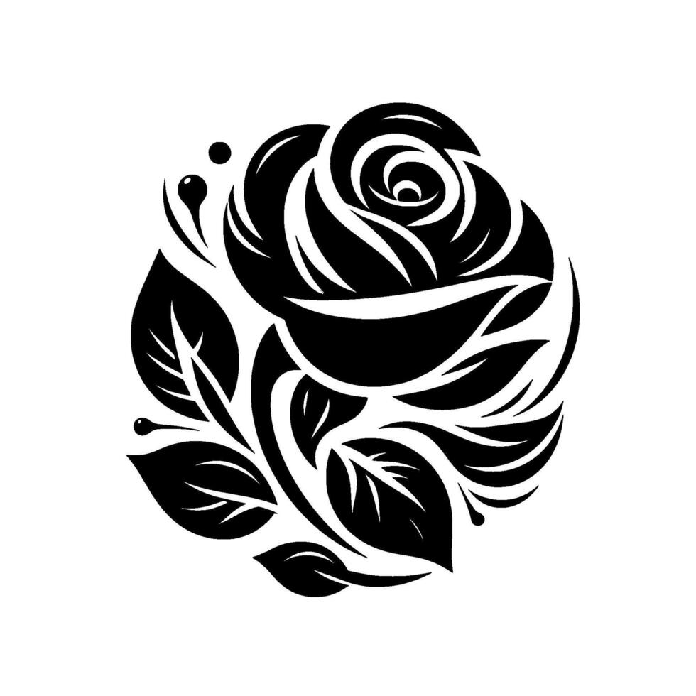 Black and White Circular Rose Silhouette with Detailed Petals and Leaves on a Pure White Background vector