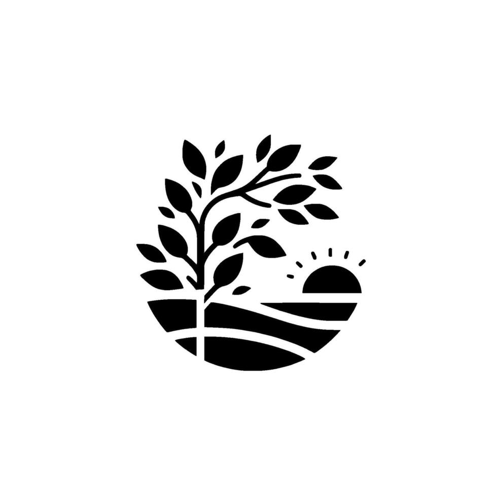Minimalist black and white featuring a stylized tree, rising sun, and landscape elements within a circular frame, conveying growth and serenity. vector