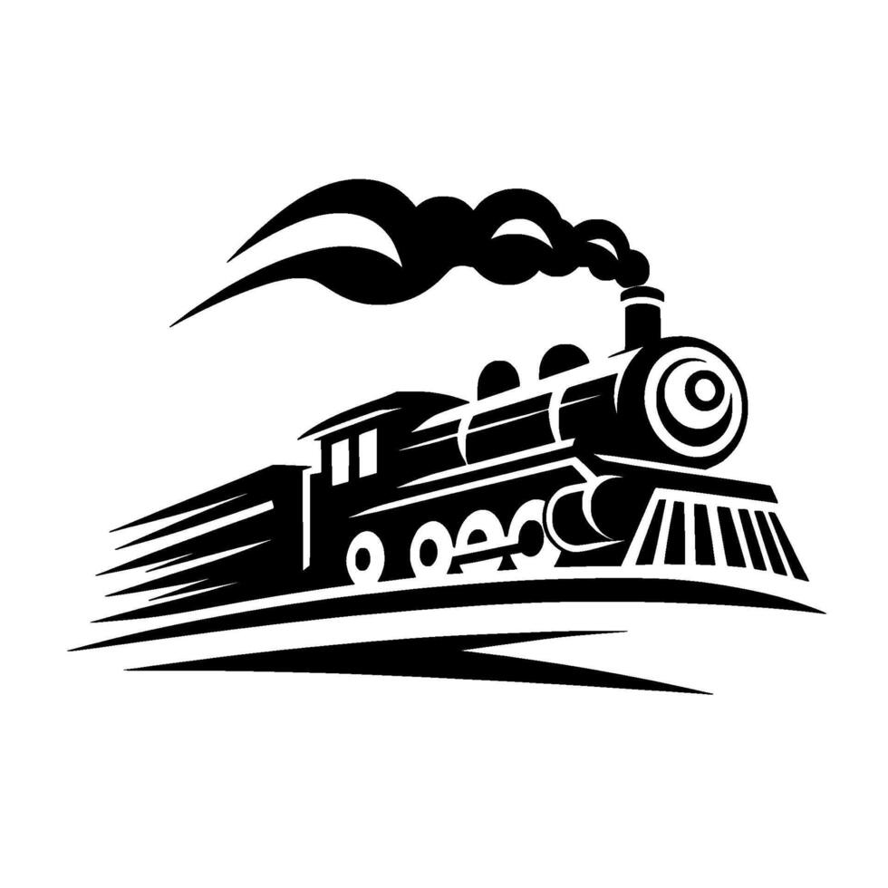 A dynamic, minimalist black and white illustration of a vintage steam train in motion, emitting stylized smoke plumes, on a white background. vector