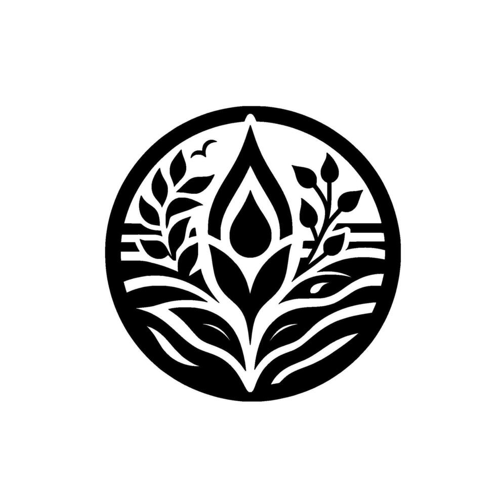 Elegant Black and White Circular Featuring a Budding Flower, Leaves, Bird, and Water Elements Symbolizing Growth and Harmony. vector