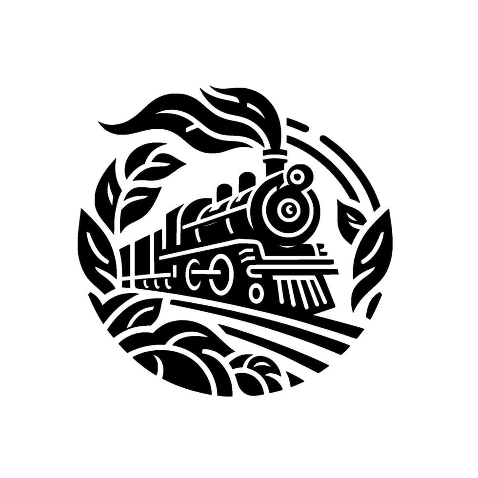 Black and White Steam Train with Leafy Border, Symbolic of Travel and Journey. vector