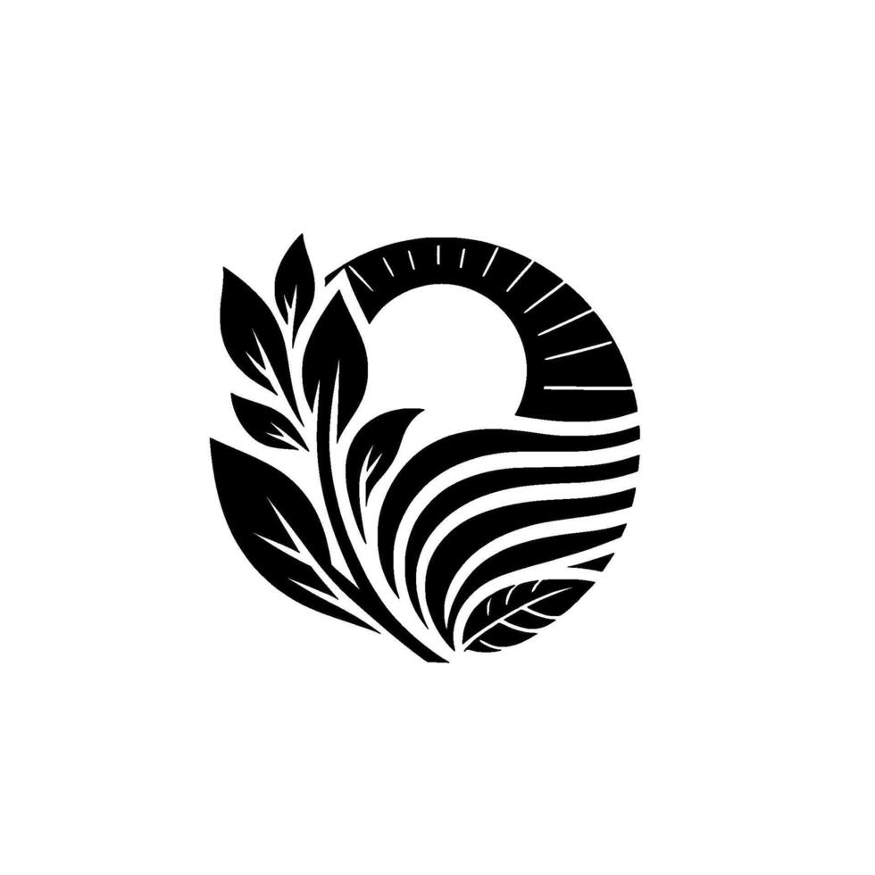Elegant black and white botanical featuring stylized leaves, sun rays, and a circular conveying natures harmony. vector