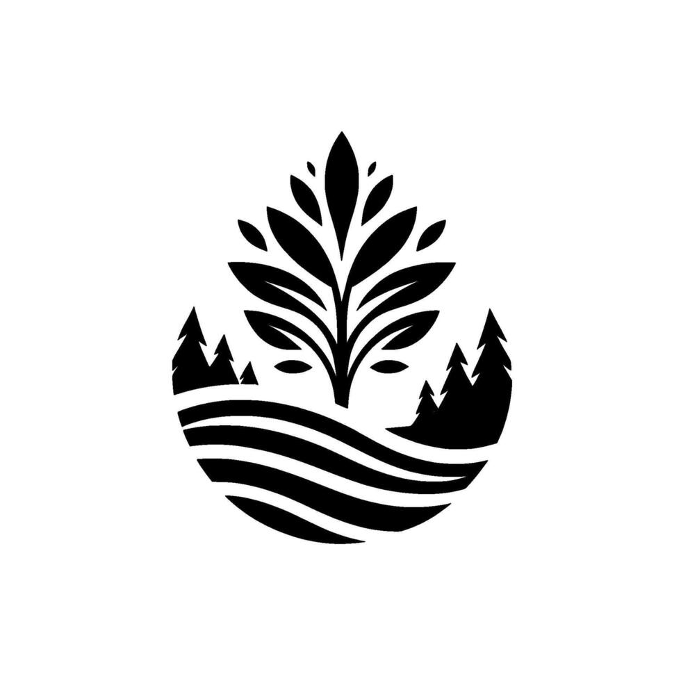 Stylized Black and White Illustration A Leafy Tree and Coniferous Forest in a Circular Landscape. vector