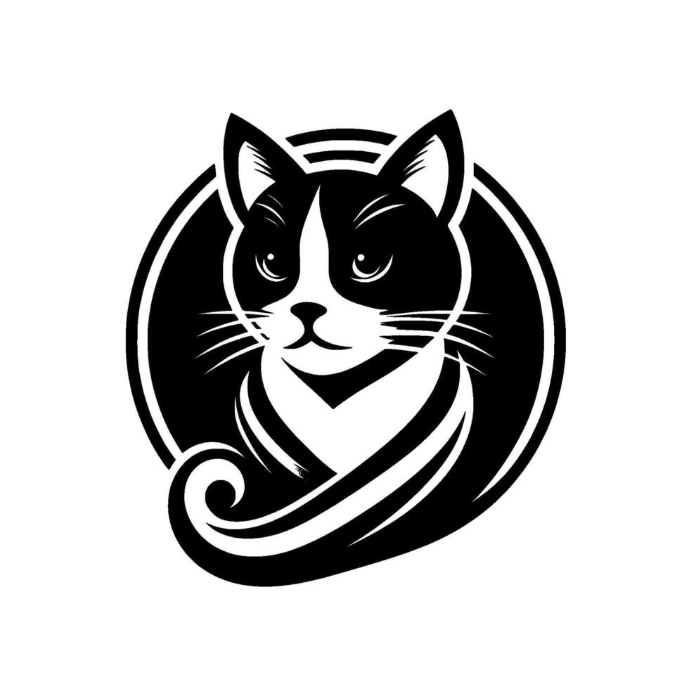 Elegant Black and White Cat Portrait Inside a Circular Emblem, Featuring Whiskers, Bold Markings, and a Decorative Swirl. vector