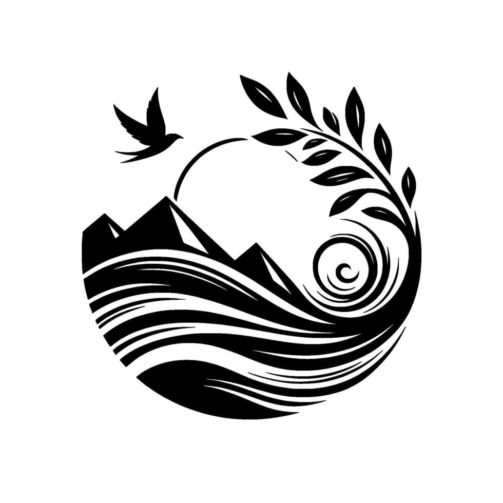 Serene Black and White Circular with Mountains, Water, a Bird in Flight, and a Branch with Leaves and a Swirl. vector